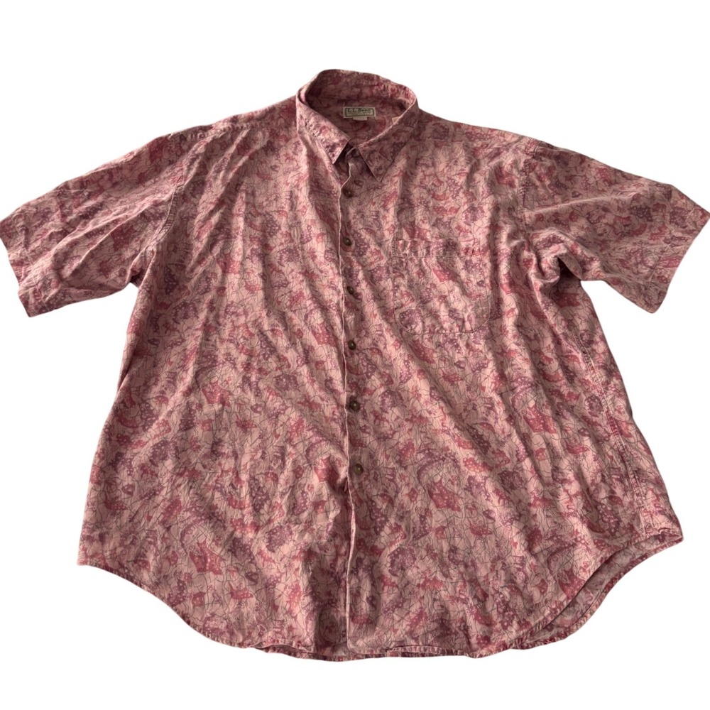 LL Bean Mens XL Vintage Made in USA Pink Abstract Floral Cotton SS Button Shirt
